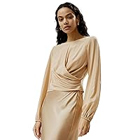 LilySilk Womens Silk Shirt Ladies 100% Double Layer Crepe 18MM Silk Blouse with Pleats Waist, Elastic Cuffs and Puffed Sleeves Pale Gold 8