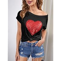 Women's Tops Shirts Sexy Tops for Women Heart Sequins Tee Shirts for Women (Color : Black, Size : Medium)