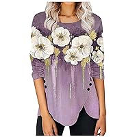 Women's Tops Fashion Irregular Hem Round Neck Floral Printed Long Sleeve T Shirts Fashion Tunic Loose Tee Top