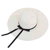 Summer Hat Men Women Big Brim Straw Hat Sun Floppy Wide Brim Hats Bowknot Folding Beach Cap Trendy (White, One Size)