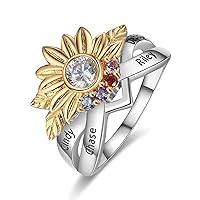 10K/14K/18K Gold Personalized Sunflower Rings with 1-5 Birthstone Customized Engraved Name Sunflower Birthstone Ring for Birthday, Anniversary, Thanksgiving, Graduation Gemstone Jewelry Gift for Mom, Friend, Family, Wife