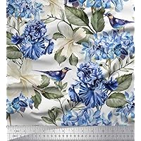 Soimoi Japan Crepe White Fabric - by The Yard - 42 Inch Wide - Leaf, White & Blue Flower Bliss Material - Delicate and Vibrant Designs for Creative Crafts Printed Fabric
