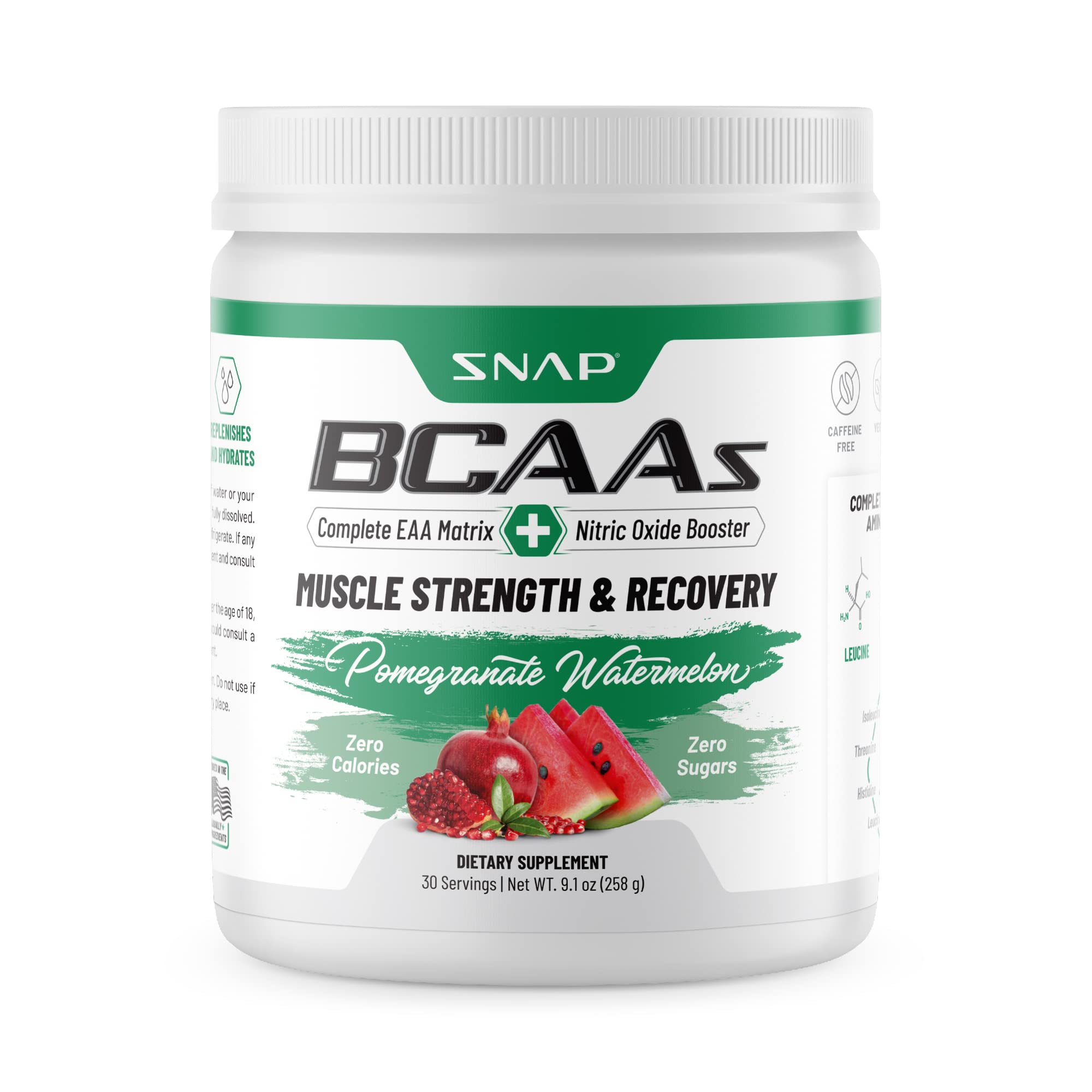 Snap BCAA Powder Essential Amino Supplement with Nitric Oxide Booster - Pre Workout Powder, Recovery Supplements Post Workout, Muscle Strength, BCAA for Women & Men (30 Servings)