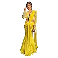 Yellow Maslin Plain Ready to Wear Draped Sari Lehenga Saree Blouse 4324