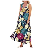 Spring Dresses for Women 2024 Printed Vacation Dress with Pocket Sleeveless Swing Beach Dress Casual Flowy Dresses