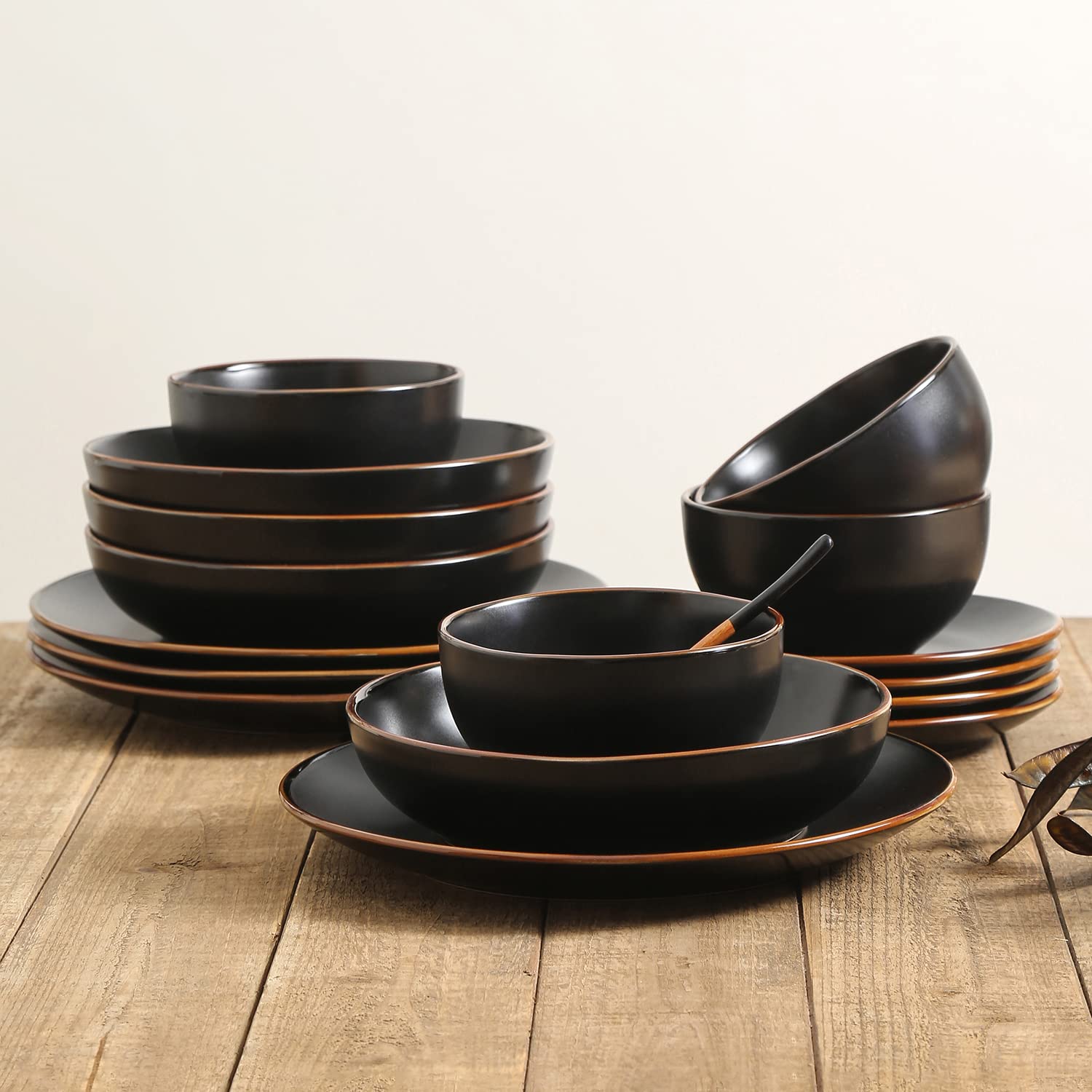 Stone + Lain Brasa Stoneware 16-Piece Round Dinnerware Set with Pasta Bowls, Black