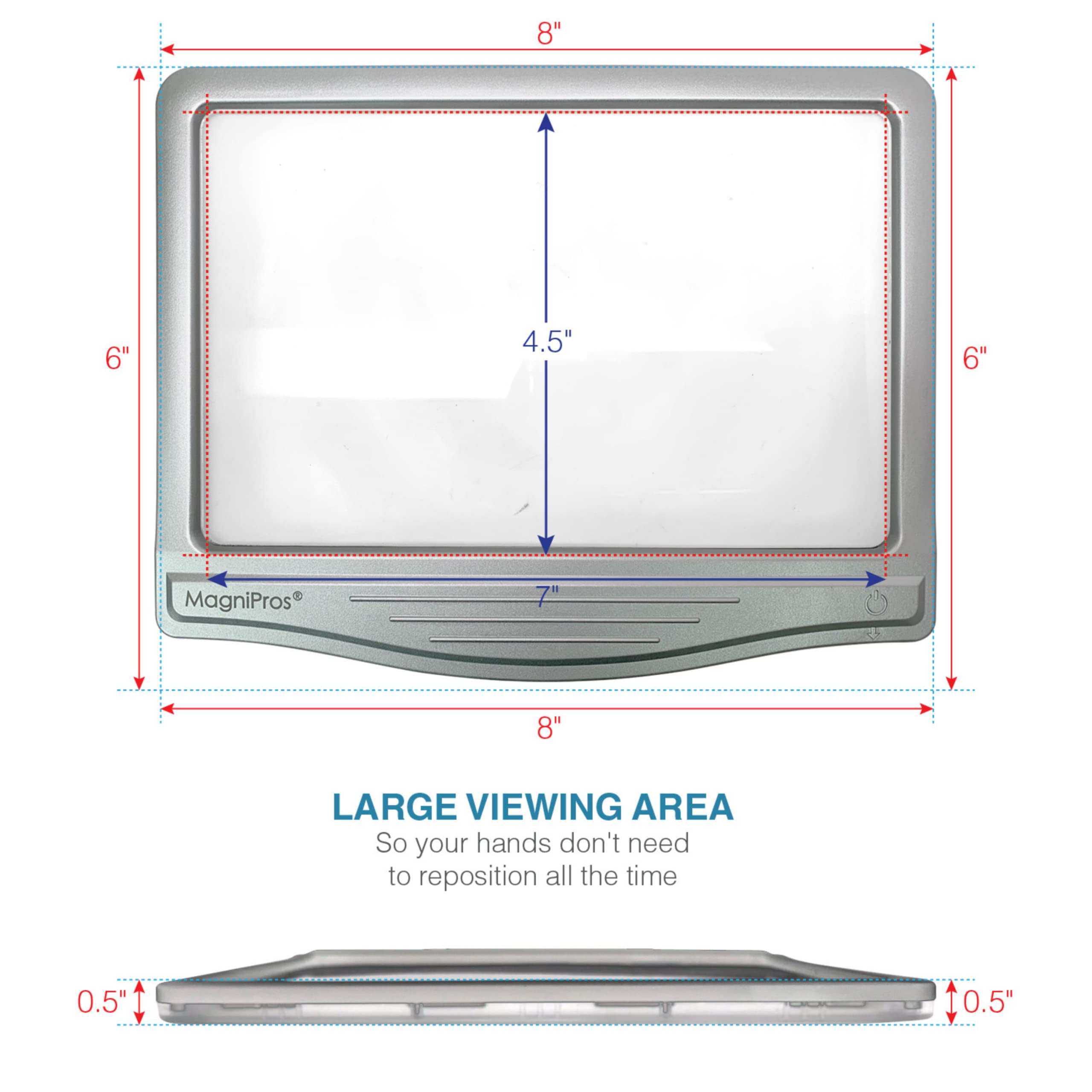 MagniPros 4X Large LED Page Magnifier with Anti-Glare Lens & Fully Dimmable Lights – Evenly Lit Viewing to Reduces Eye Strain - Perfect for Reading Small Print, Aging Eyes, Low Vision and Seniors