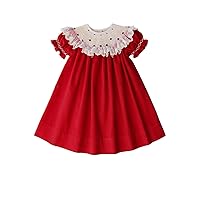 Girls Red Christmas Smocked Bishop Dress with Cream Lace