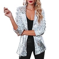 Women Sequin Jacket Glitter Sparkle Open Front Casual Long Sleeve Blazer Coat