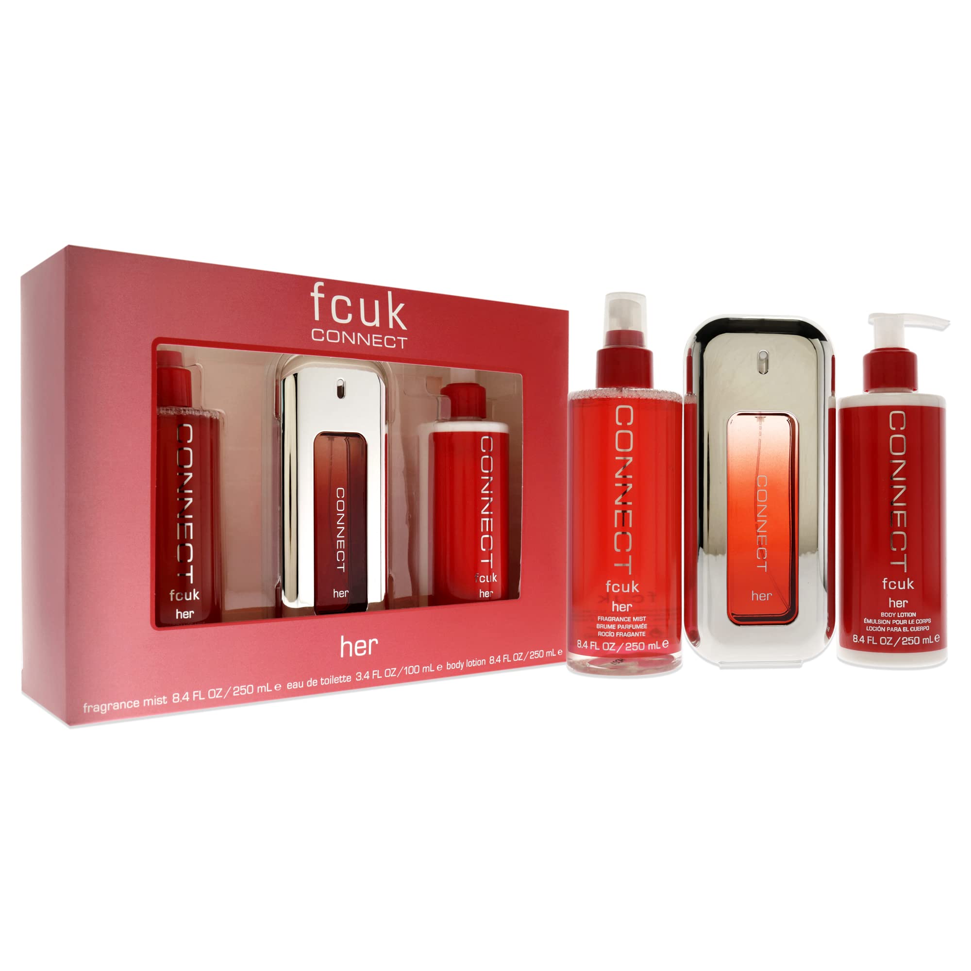 French Connection UK Fcuk Connect 3.4oz EDT Spray, 8.4oz Body Lotion, 8.4 Fragrance Mist Women 3 Pc Gift Set