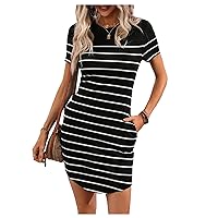 SOLY HUX Women's Casual Summer T-Shirt Dress Short Sleeve Striped Slim Fit Short Dress with Pocket