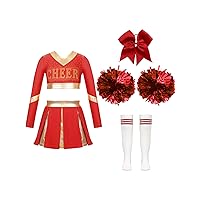 ACSUSS Kids Girls Cheer Leader Costume Team Uniform Long Sleeve Crop Top Skirt with Pom Poms Halloween Fancy Dress Up