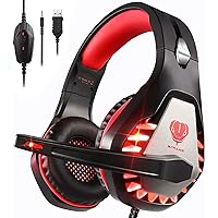 Gaming Headset with Microphone for PC PS4 Headset Xbox One Headset Over Ear Headset for PS5 Switch Noise Cancelling Headphones with Mic & LED Lights for Kids Adults Red