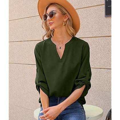 Womens Business Casual Blouses Work Tops Fashion 3/4 Sleeve Shirts