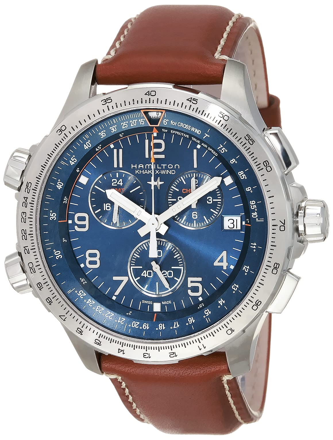 Hamilton Watch Khaki Aviation X-Wind GMT Swiss Chronograph Quartz Watch 46mm Case, Blue Dial, Brown Leather Strap (Model: H77922541)
