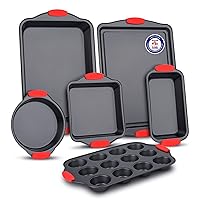 Baking Set – 6 Piece Kitchen Oven Bakeware Set – Deluxe Non-Stick Black Coating Inside and Outside – Carbon Steel – Red Silicone Handles – PFOA PFOS and PTFE Free by Bakken