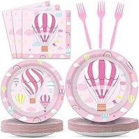Serves 25 Pink Hot Air Balloon Party Supplies Baby Shower Party Decorations Plates Napkins Forks Tableware Set Disposable for Baby Girls or Boys 100pcs