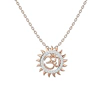 Certified 18K Gold OM in Sun Design Pendant in Round Natural Diamond (0.12 ct) with White/Yellow/Rose Gold Chain Religion Necklace for Women
