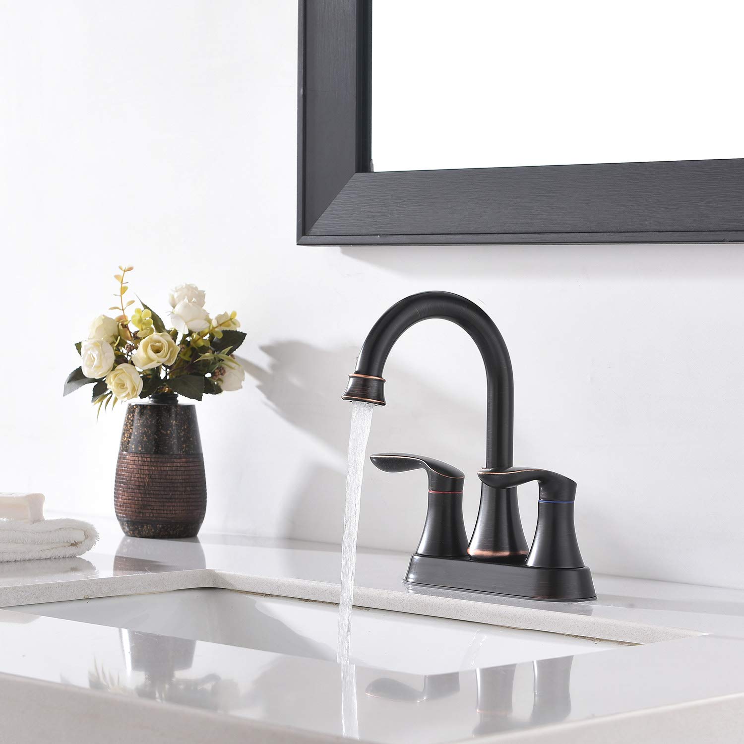 Friho Lead-Free Modern Commercial Two Handle Oil Rubbed Bronze Bathroom Faucet,Bathroom Vanity Sink Faucets with Drain Stopper and Water Hoses