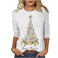 Christmas 3/4 Sleeve Shirts for Women Dressy Casual Xmas Tree Print Crewneck Tunic Tops Three Quarter Length Pullover