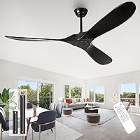 60 Inch Solid Wood Black Ceiling Fan No Light Remote Control, Large Big Outdoor Real Wood Ceiling Fan Without Light 3 Blades Craftmade Quiet for Patio Farmhouse Living Room Bedroom Office