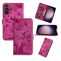 Galaxy S24 Plus Case Wallet for Women, Card Holder Folding Flip Design Butterfly Cat Embossing Leather Magnetic Folio Cover Compatible with Samsung Galaxy S24 Plus (Hot Pink)
