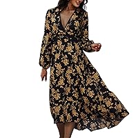 Spring Woman's V-Collar Floral Print ed Long-Style Long-Sleeved Skinny Dress