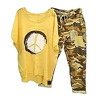 Outfits for Women 2 Piece Sets Half Sleeve Fashion Print Blouse and Comfy Camouflage Pants Lounge Tracksuit Set