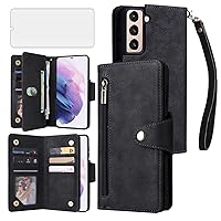 Asuwish Phone Case for Samsung Galaxy S21 Plus S21+ 5G Wallet Cover and Tempered Glass Screen Protector Flip Credit Card Holder Stand Cell Accessories S21+5G S21plus 21S + S 21 21+ G5 Women Men Black