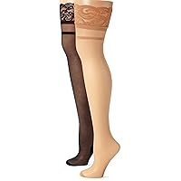 Women's Petite 2 Pack Backseam Sheer Thigh Hi with Lace Stripe Top, Black/Beige, One Size
