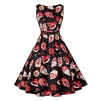 Women's Summer Flower Print Vintage Dress High Waist Tunic Round Neck Large Swing Skirt Pleated Casual EleDresses