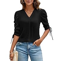Blooming Jelly Womens Dressy Casual Blouses 3/4 Length Puff Sleeve Tops Business Casual Ladies V Neck T Shirts