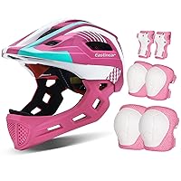 EASTINEAR Kids Full Face Bike Helmet with LED Light + Kids Knee Elbow Pads Wrist Guards for Ages 3-8 Boys Girls Bicycle Skate (Pink)