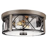 Rustic Close to Ceiling Light Fixtures, Farmhouse Wood Grain Flush Mount Ceiling Lighting, Metal Cage Lighting with Seeded Glass for Home Kitchen Dining Room Bedroom Hallway Entryway Foyer