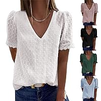 Summer Women Tops, Short Sleeve Sexy V Neck Lace T-Shirts Ladies Trendy Solid Color Casual Loose Fit Blouses Pullover