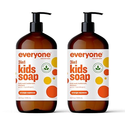 Everyone 3-in-1 Kids Soap, Body Wash, Bubble Bath, Shampoo, 32 Ounce (Pack of 2), Orange Squeeze, Coconut Cleanser with Plant Extracts and Pure Essential Oils