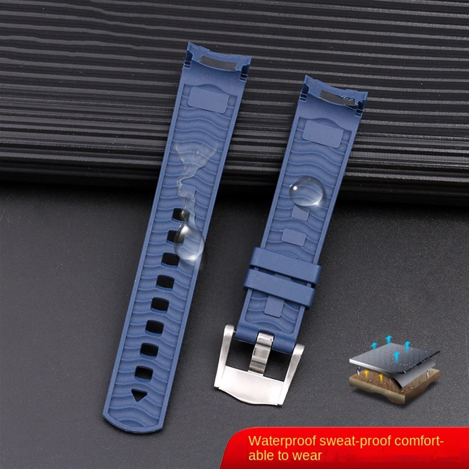 Wscebck for Omega Seamaster 300 Universe 007 Curved End Fluorous Rubber Silicone watchband 20mm 22m Watch Soft Strap Men Replacement (Color : Blue Silver, Size : 20mm)