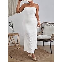 Plus Women's Dress Plus Solid Tube Dress (Color : White, Size : XX-Large)