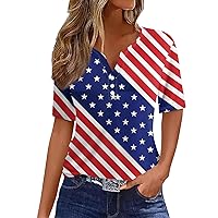 Fourth of July Shirts for Women Patriotic Flag Graphic Tees Trendy V Neck Short Sleeve Tops White Button Down Shirt