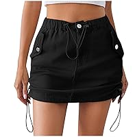 Women's Flap Pocket Cargo Skirt Drawstring Elastic Waist Button Mini Skirt Workwear A-Line High Waisted Belted Short Skirt