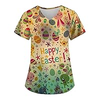 Short Sleeve Tunic Women's Tee Easter Printed Tshirt Casual Tops V-Neck Pocket Summer Protective Work Uniform Blouse