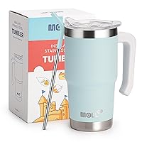 Travel Coffee Mug with Handle 16 oz Stainless Steel Double Wall Vacuum Insulated Tumbler Cup with Lid and Straw (Baby Blue)