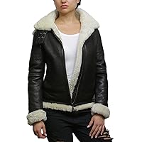 Women's Genuine Sheepskin Leather Flying Aviator Winter Jacket With Hood (Creme, 4XL)