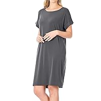 Women's Round Neck Rolled Sleeve Knee Length Tunic Shirt Dress with Pockets (ASH Grey, S)