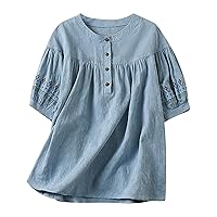 Womens Jacquard Embroidered Tee Tops Floral Pattern Cotton Linen Henley Shirts Retro Casual Button Crewneck Pullover