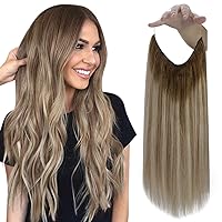 Wire Hair Extensions Human Hair Invisible Clip in Hair Extensions Brown to Ash Brown and Blonde Secret Headband Wire in Hair Extensions Invisible Hair Wire 12Inch 70g