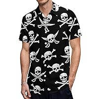Pirate Pattern with Jolly Roger Men's Short Sleeve Shirt Casual Loose Button Down Shirts for Work Beach Vacation