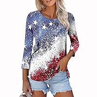 Boho Tops for Women Summer Dressy Casual Floral Print T-Shirt 3/4 Length Sleeve Womens Tops Loose Crew Neck Tunic Tops