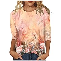 Ladies Tops and Blouses,3/4 Length Sleeve Womens Tops Ombre Print Graphic Round Neck Shirt Spring Tops for Women 2024