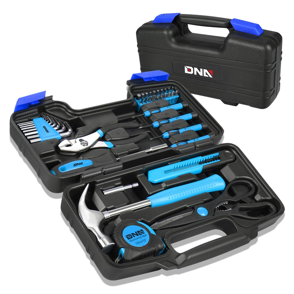 DNA MOTORING 39-Piece Household Tool Set General Repair Small Hand Tool Kit Storage Case for Home Garage Office College Dormitory Use, Blue, TOOLS-00008
